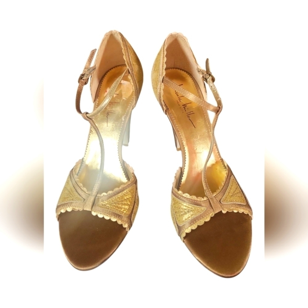 Nicole Miller Couture Formal Holiday Gold Satin Leather Women's Heels 8 1/2B